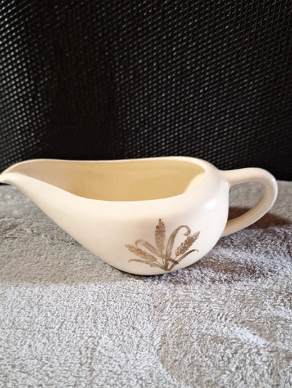 Vintage Cream Ceramic Gravy Boat with Gold Wheat Motif